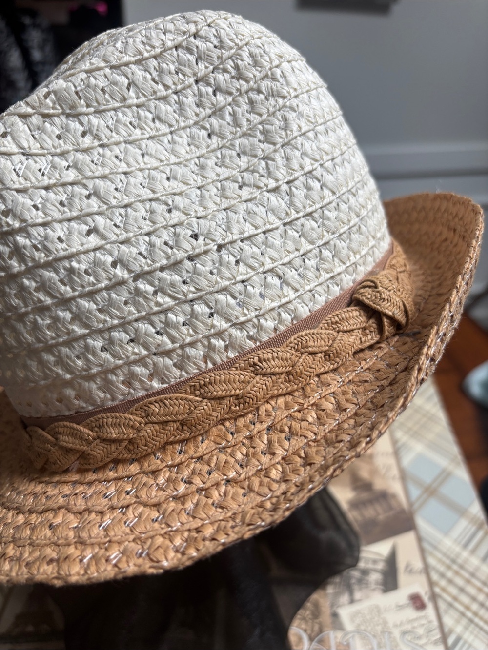 Chatties straw hat fedora 2 tone design with a white open-weave crown